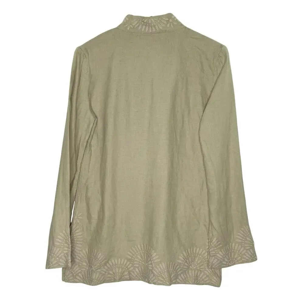 Tory Burch 100% Linen Tunic Top 6 Embroidered Mandarin Collar Natural *flaw